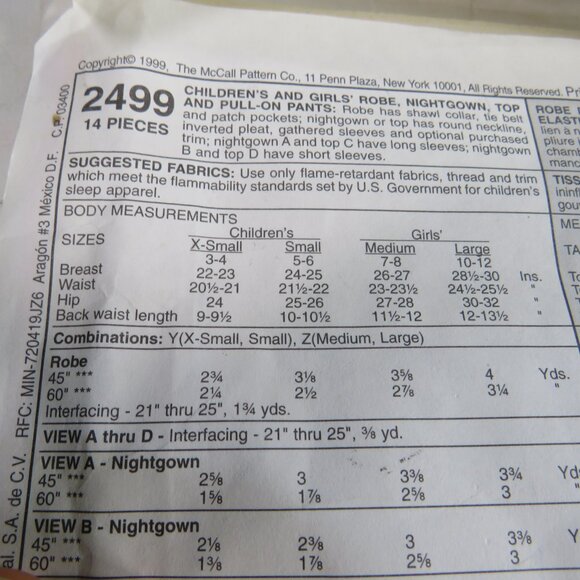 McCalls Easy 24999 Clothing Patterns UNCUT Nightgown/Dress, PJ, Robe, Shirts - Picture 5 of 6